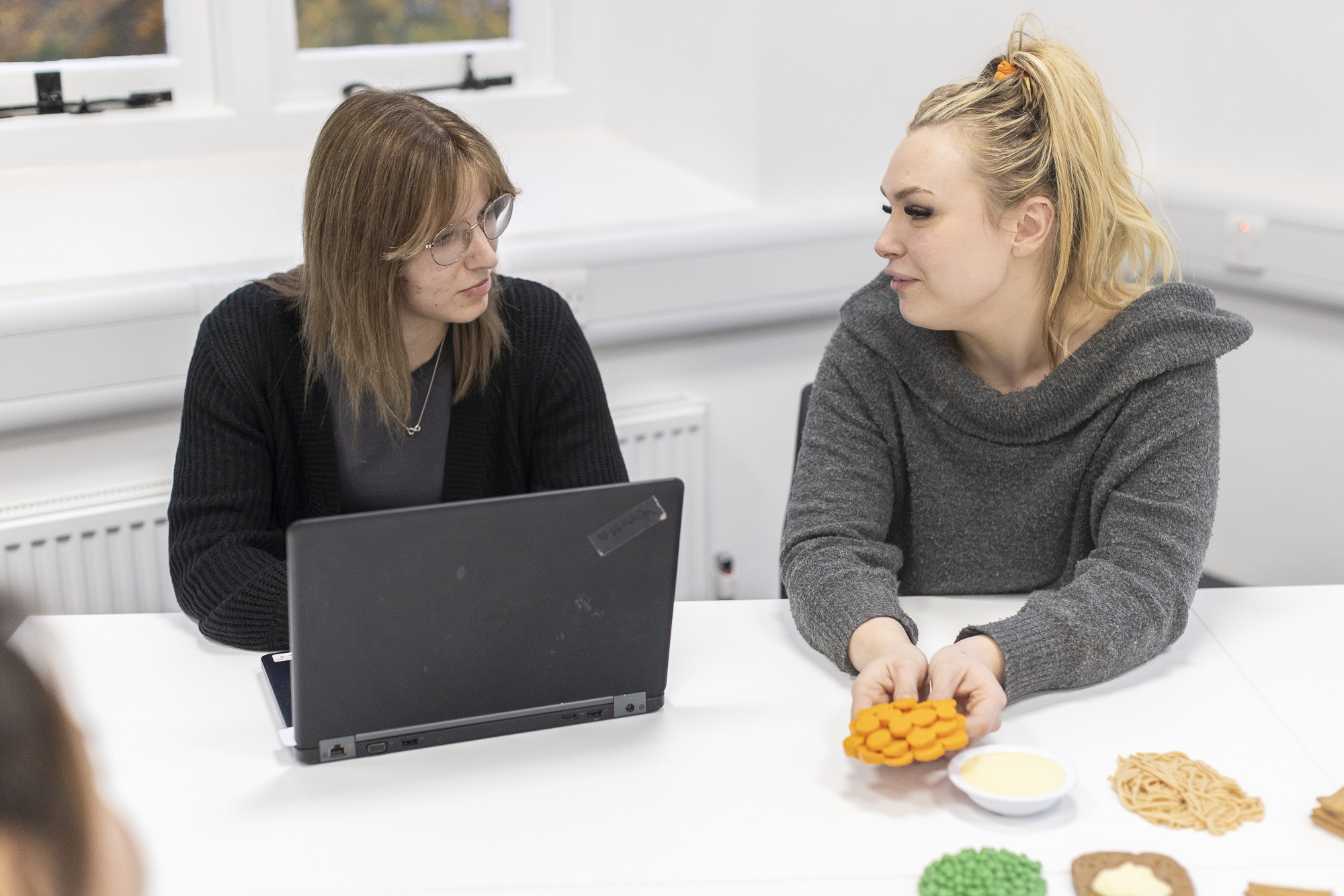 Dietetics Class having a discussion using plastic models of food portions