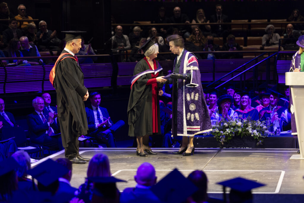 Glynis Fox and Maurice Cheng receive their Honorary Fellowships from HSU Chancellor, Her Royal Highness, The Princess Royal.